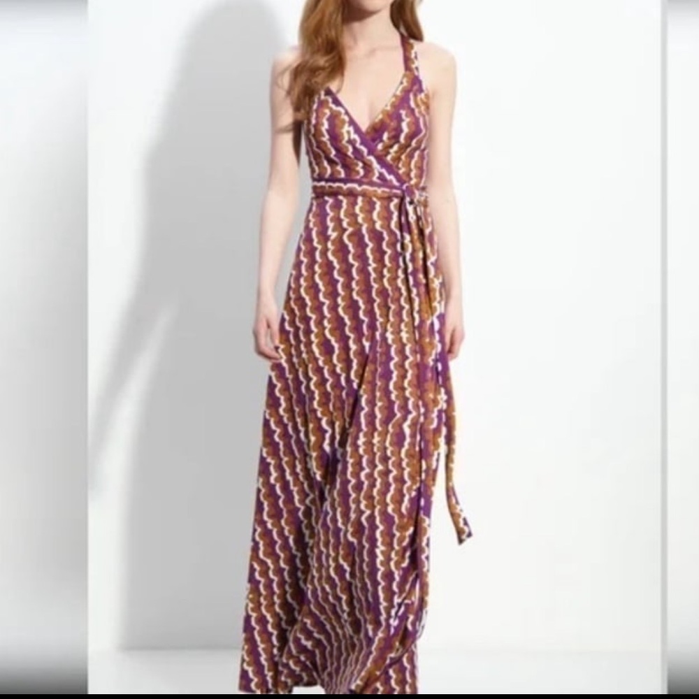 New diane von furstenberg wrap dress maxi samson DVF gown ribbon stripe purple 2